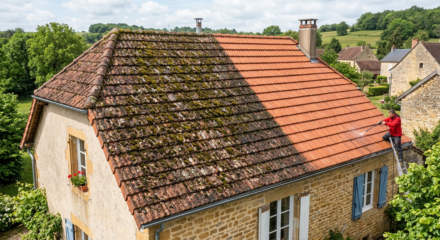 Toiture à moitié couverte de mousse et à moitié nettoyée